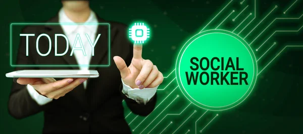 Textskylt Som Visar Socialarbetare Internet Begreppsstöd Från Statliga Personer Med — Stockfoto