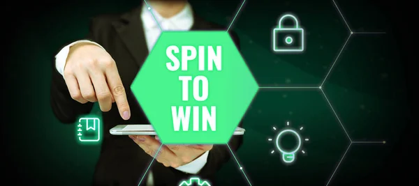 Text Sign Showing Spin Win Word Try Your Luck Fortune — стоковое фото