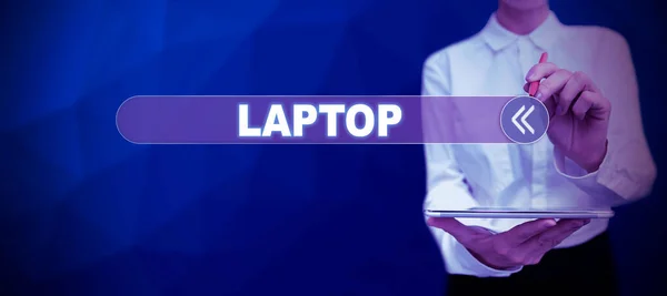 Sign Kijelző Laptop Üzleti Áttekintő Számítógép Amely Hordozható Alkalmas Használatra — Stock Fotó