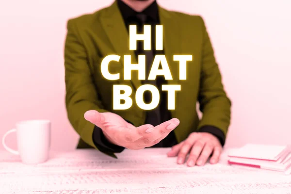 手書きテキストこんにちはチャットボット ビジネスショーケース送信されたメッセージに応答するロボットマシンへの挨拶 — ストック写真