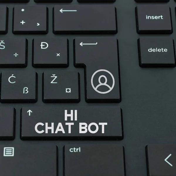 テキストを表示するこんにちはチャットボット インターネットの概念送信されたメッセージに応答するロボットマシンへの挨拶 — ストック写真