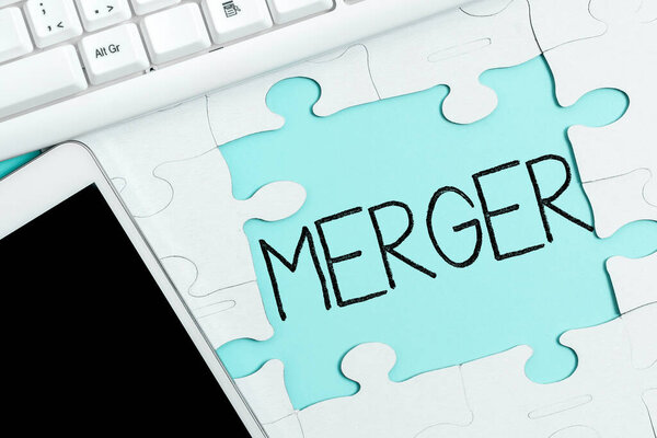Inspiration showing sign Merger, Concept meaning combination of two things especially companies flats into one