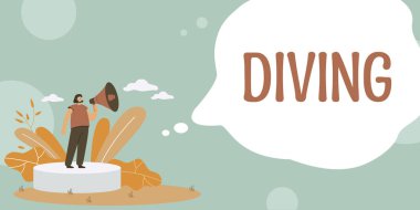 Dalış, konsept, oksijen ve giysi kullanarak suya yüzme sporu ya da etkinliği gösteren ilham.