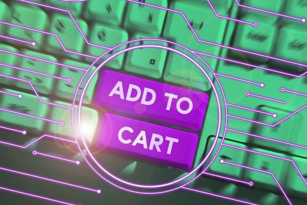 カートに追加 インターネットの概念を表示するサインオンラインショッピングに電子商取引の近代的な技術 — ストック写真