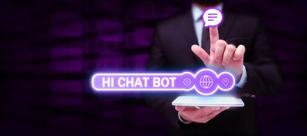 手書きテキスト Hichat Bot Business概要送信されたメッセージに応答するロボットマシンへの挨拶 — ストック写真