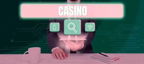 Legenda Texto Apresentando Casino Business Mostra Edifício Onde Jogos Especialmente — Fotografia de Stock