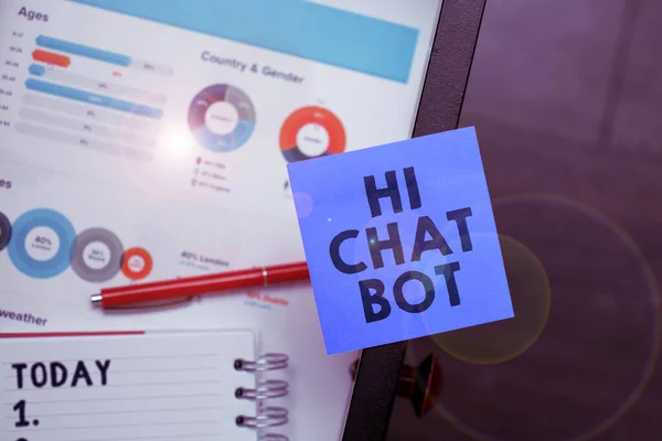 こんにちはチャットボット ビジネスコンセプトを表示するサイン送信されたメッセージに応答するロボットマシンへの挨拶 — ストック写真