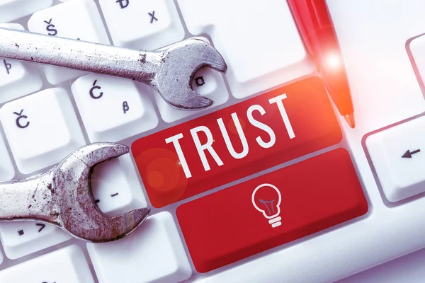 Sinal Escrita Mão Confiança Negócios Mostrar Firme Crença Confiabilidade Verdade — Fotografia de Stock