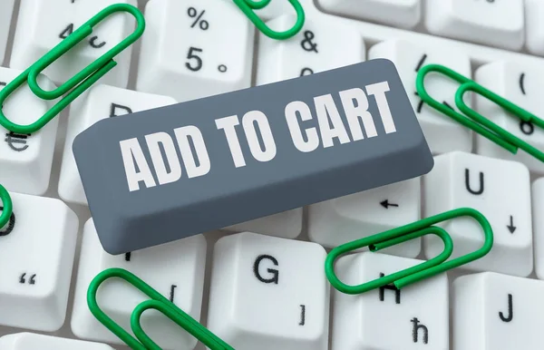 カートに追加を示すテキスト記号 オンラインで書かれた単語ショッピングに電子商取引の近代的な技術 — ストック写真