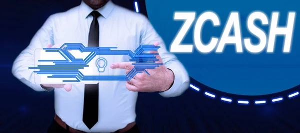 Bildunterschrift Präsentation Von Zcash Unternehmensübersicht Kryptowährung Mit Dezentralisierter Blockchain Die — Stockfoto