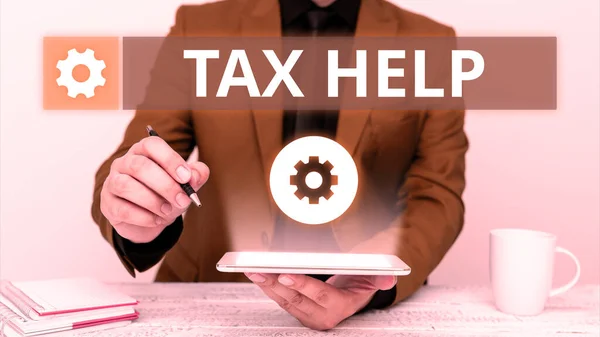 納税ヘルプを表示するテキストキャプション 州の収入への強制拠出からのビジネスショーケース支援 — ストック写真