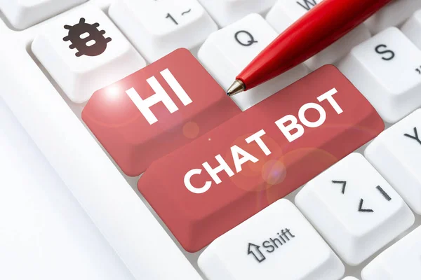 こんにちはチャットボットを提示テキストキャプション 送信されたメッセージに応答するロボットマシンへの挨拶のための単語 — ストック写真