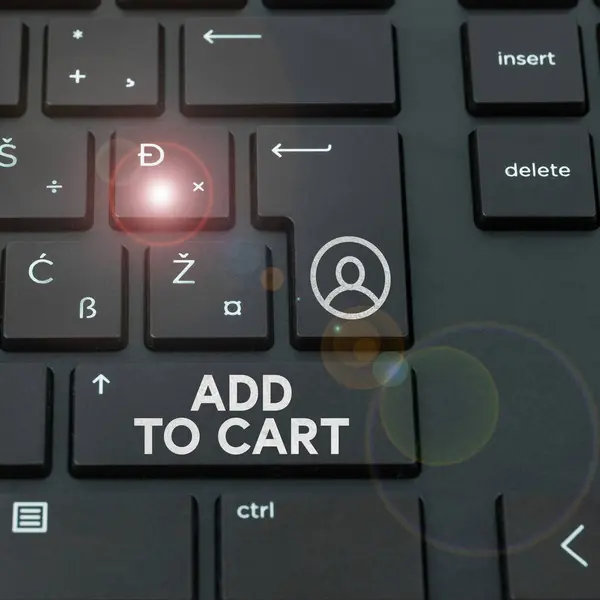 概念的なキャプションカートに追加 オンラインで書かれた単語ショッピングに電子商取引の近代的な技術 — ストック写真