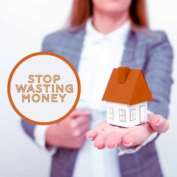 Sign Displaying Stop Wasting Money Business Idea Advicing Person Group — Fotografia de Stock