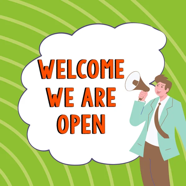 Sign Displaying Welcome Open Concept Meaning Greeting Making Part Work — Photo