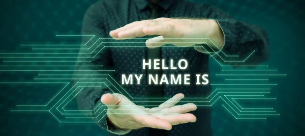Sign Displaying Hello Name Business Showcase Introducing Yourself New People — Stockfoto