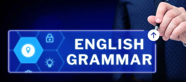 Handschrift Teken Engels Grammatica Business Showcase Cursussen Bestrijken Alle Niveaus — Stockfoto