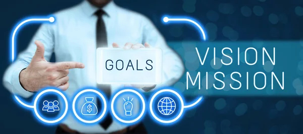 Text Sign Showing Goals Vision Mission Word Written Practical Planning —  Fotos de Stock