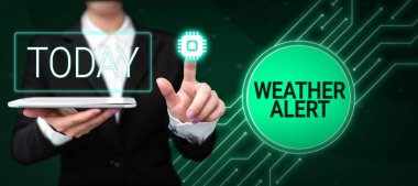 Hand writing sign Weather Alert, Business showcase urgent warning on the state of the atmosphere at a place and time
