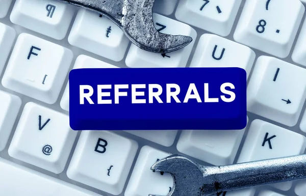 Text Sign Showing Referrals Internet Concept Act Referring Someone Something — Stock Photo, Image