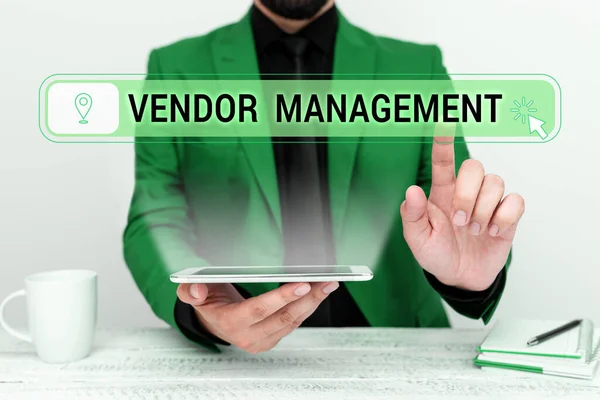Inspiration Showing Sign Vendor Management Word Written Activities Included Researching — Stock Photo, Image