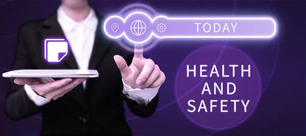Текст Показує Натхнення Здоров Безпека Бізнес Відео Здійснюючи Відповідні Кроки — стокове фото