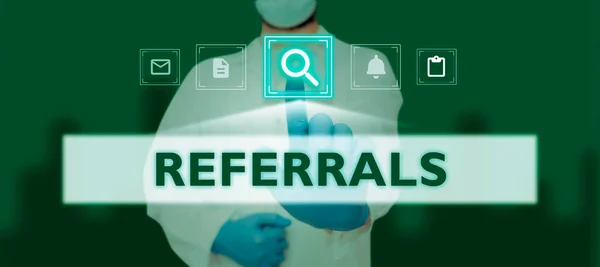 Sign Displaying Referrals Internet Concept Act Referring Someone Something Consultation — Stock Photo, Image