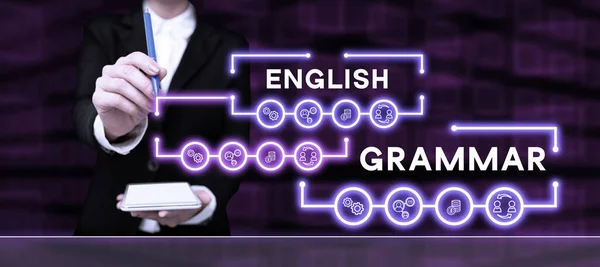 显示文字的写作英语语法 商业进场课程涵盖了所有级别的英语口语和英语写作 — 图库照片