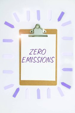 Text caption presenting Zero Emissions, Word Written on emits no waste products that pollute the environment