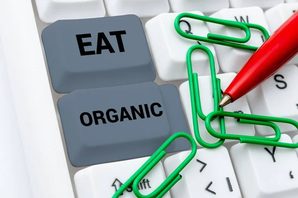 Textschild Mit Eat Organic Word Reduction Eating Sweets Diabetiker Kontrolldiät — Stockfoto