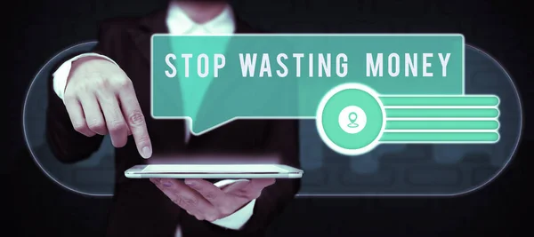 Text Sign Showing Stop Wasting Money Word Advicing Person Group — Stock Photo, Image