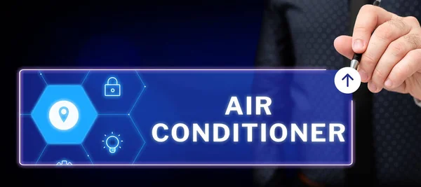サインを示すインスピレーションエアコン 空気を洗浄し その湿度と温度を制御するためのインターネットコンセプト装置 — ストック写真