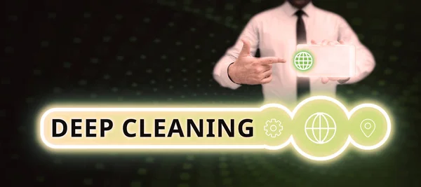 Text Sign Showing Deep Cleaning Concept Meaning Act Thoroughly Removing — Stock Photo, Image