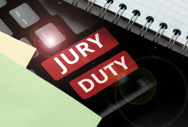 表明陪审团责任 商业接近义务或在法庭上担任陪审团成员一段时间的文字标志 — 图库照片