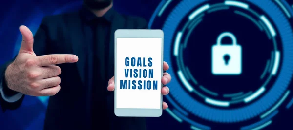 Bildunterschrift Präsentation Von Zielen Vision Mission Konzept Bedeutet Praktischen Planungsprozess — Stockfoto