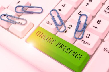 Hand writing sign Online Presence, Business concept existence of someone that can be found via an online search