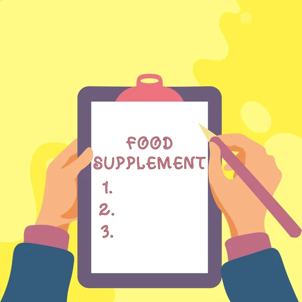 Handschrifttekst Voedingssupplement Bedrijfsoverzicht Voorwaarden Praktijken Die Kwaliteit Van Voedsel Bewaren — Stockfoto