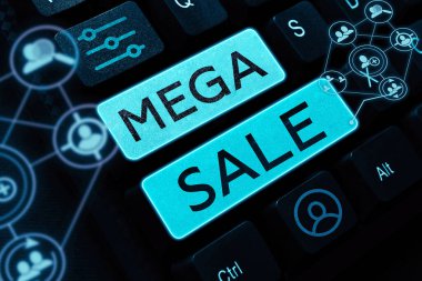 El yazısı tabelası Mega Sale, Özel alışveriş anlaşmaları ve ağır indirimlerle dolu günün kelimesi