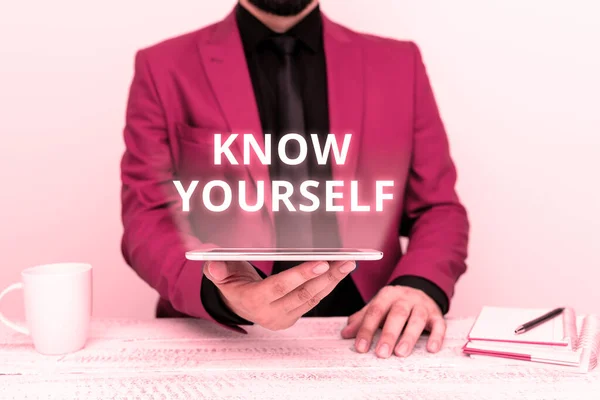 Text caption presenting Know Yourself, Business showcase Find You Understanding Strength and Weaknesses Identity