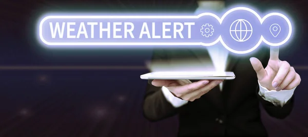 Sinal Texto Mostrando Alerta Meteorológico Palavra Escrito Alerta Urgente Sobre — Fotografia de Stock