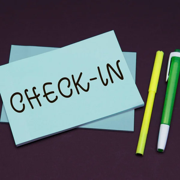 Handschrift Tekst Check Business Showcase Procedure Waarbij Een Luchtvaartmaatschappij Hotel — Stockfoto