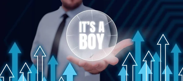 Sinal Exibindo Boy Ideia Negócio Esperando Bebê Masculino Cores Azuis — Fotografia de Stock