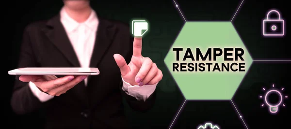 Hand Writing Sign Tamper Resistance Business Showcase Resilent Physical Harm — Fotografia de Stock