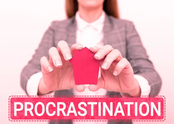 Señal Mostrando Procrastinación Palabra Escrita Retraso Posponer Algo Aburrido — Foto de Stock