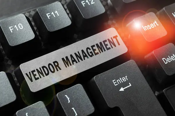 Text Caption Presenting Vendor Management Concept Meaning Activities Included Researching — Stock Photo, Image