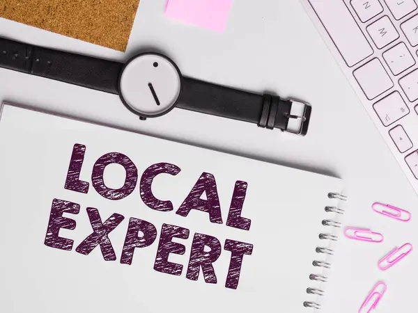 Handwriting Text Local Expert Business Overview Offers Expertise Assistance Booking — Stockfoto