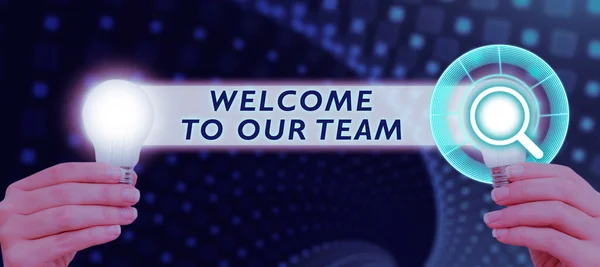 Text Sign Showing Welcome Our Team Conceptual Photo Introducing Another —  Fotos de Stock