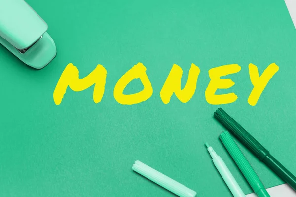 Znak Wyświetlający Pieniądze Fotografia Koncepcyjna Aktualny Nośnik Wymiany Postaci Monet — Zdjęcie stockowe