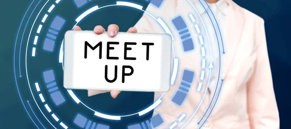 Sign Displaying Meet Business Idea Informal Meeting Gathering Teamwork Discussion — Photo