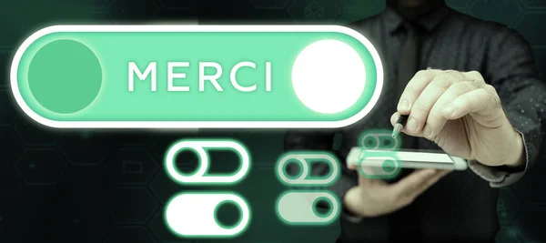Подпись Тексту Представляет Merci Бизнес Идея Говорят Ответ Помогает Франции — стоковое фото